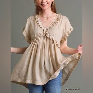 Amazon UMGEE Women’s Satin VNeck Ruffle Shortsleeve Blouse Beige